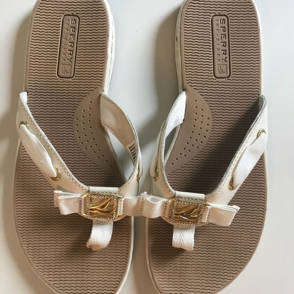 Sperry Tan, White & Gold Flip Flops